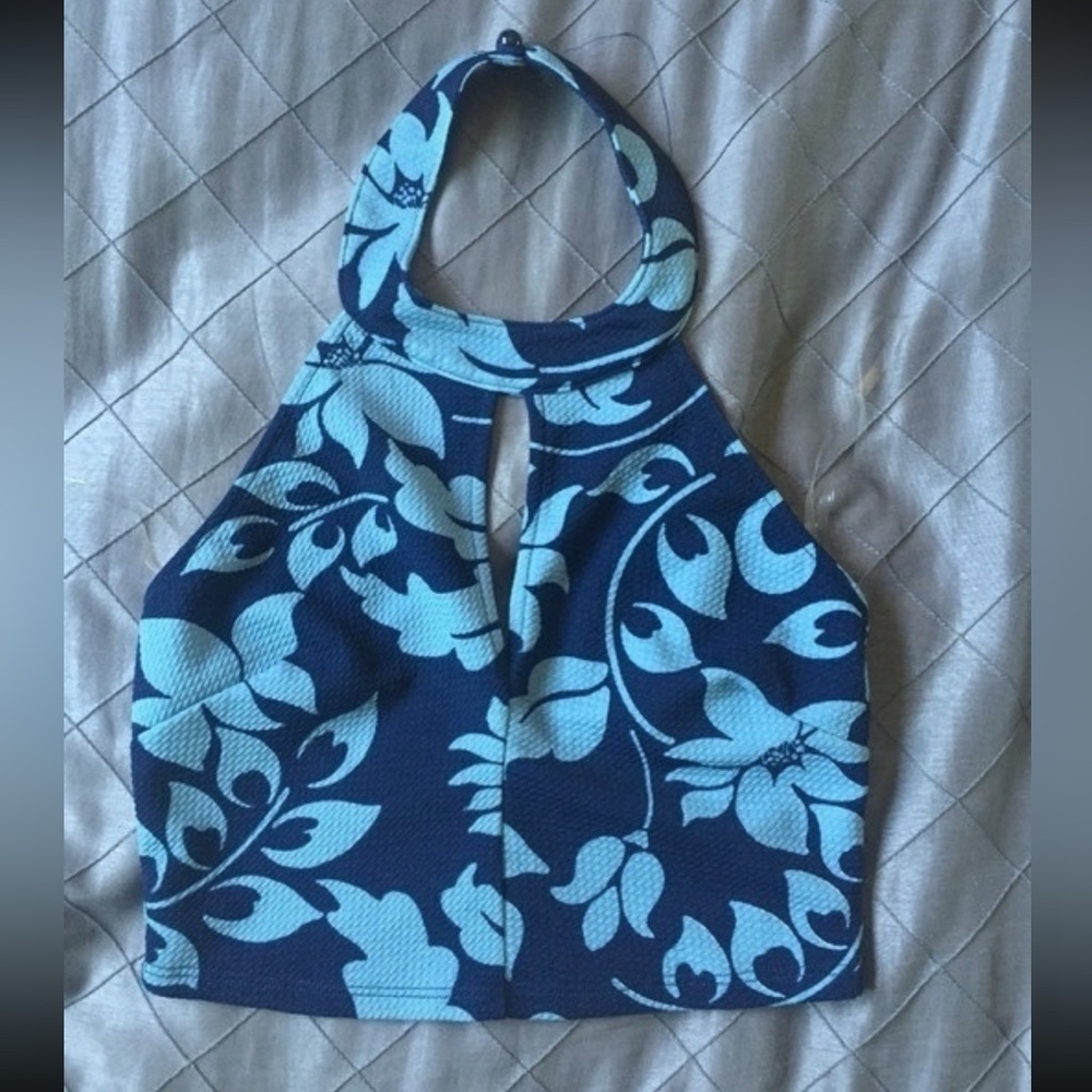 Vintage Navy and Light Blue Floral Bikini Top